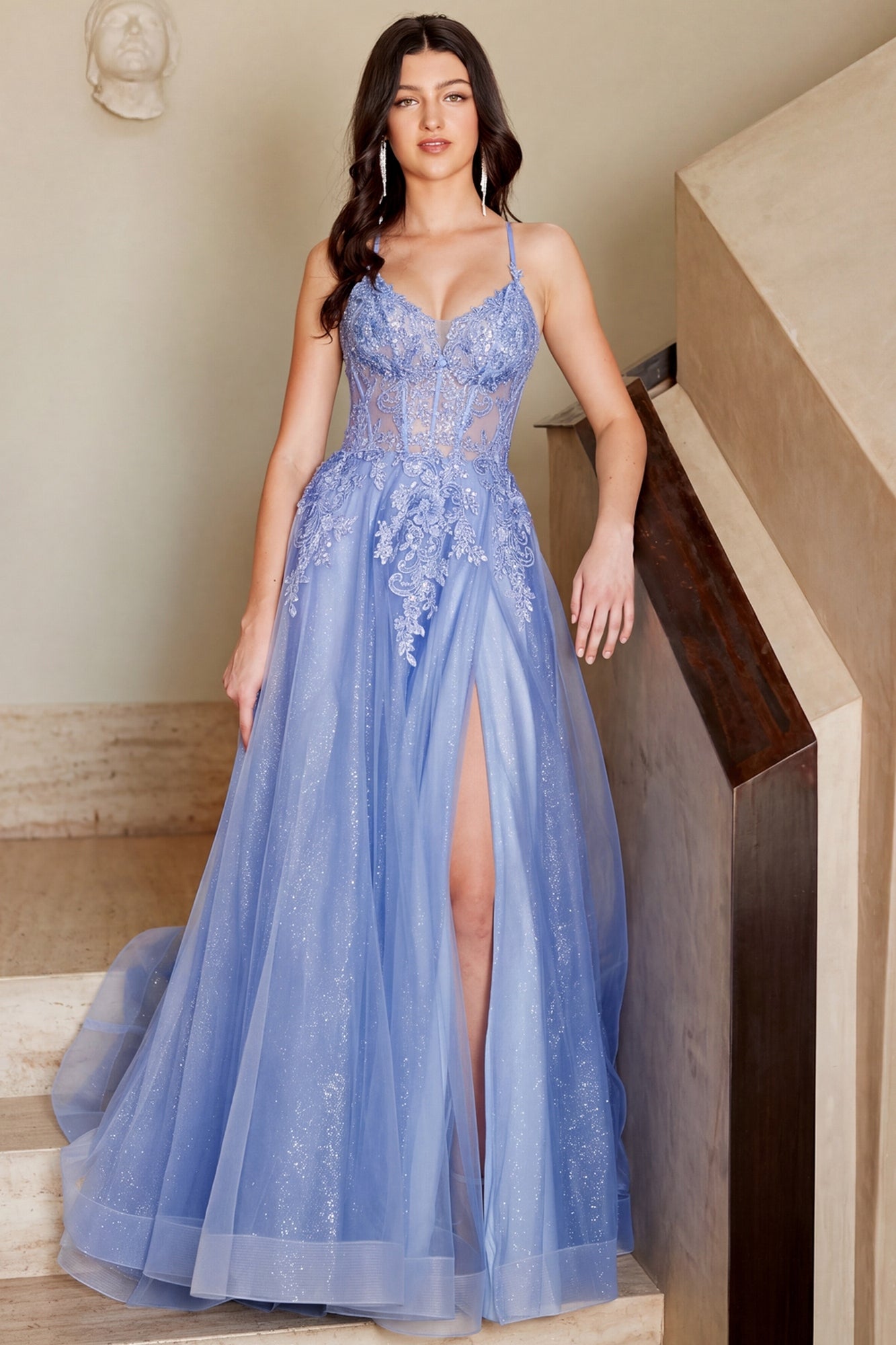 Periwinkle floor-length Long Prom Dress: Amelia Couture 4074 featuring a sheer corset bodice, lace appliqués, and a high side slit.